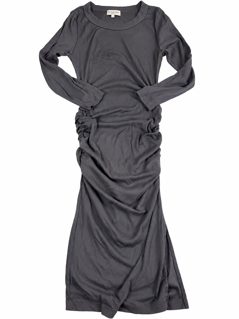 Michael Stars Gray Ruched Ribbed Midi Dress Medium Made in USA